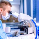 Scientist working in chemistry laboratory, examining samples at laboratory